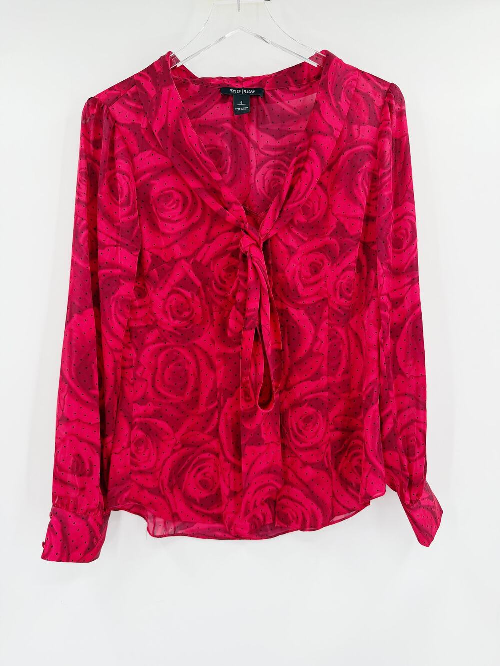 WHITE HOUSE BLACK MARKET Top Size 6 Red Pink Roses Blouse Black Dots